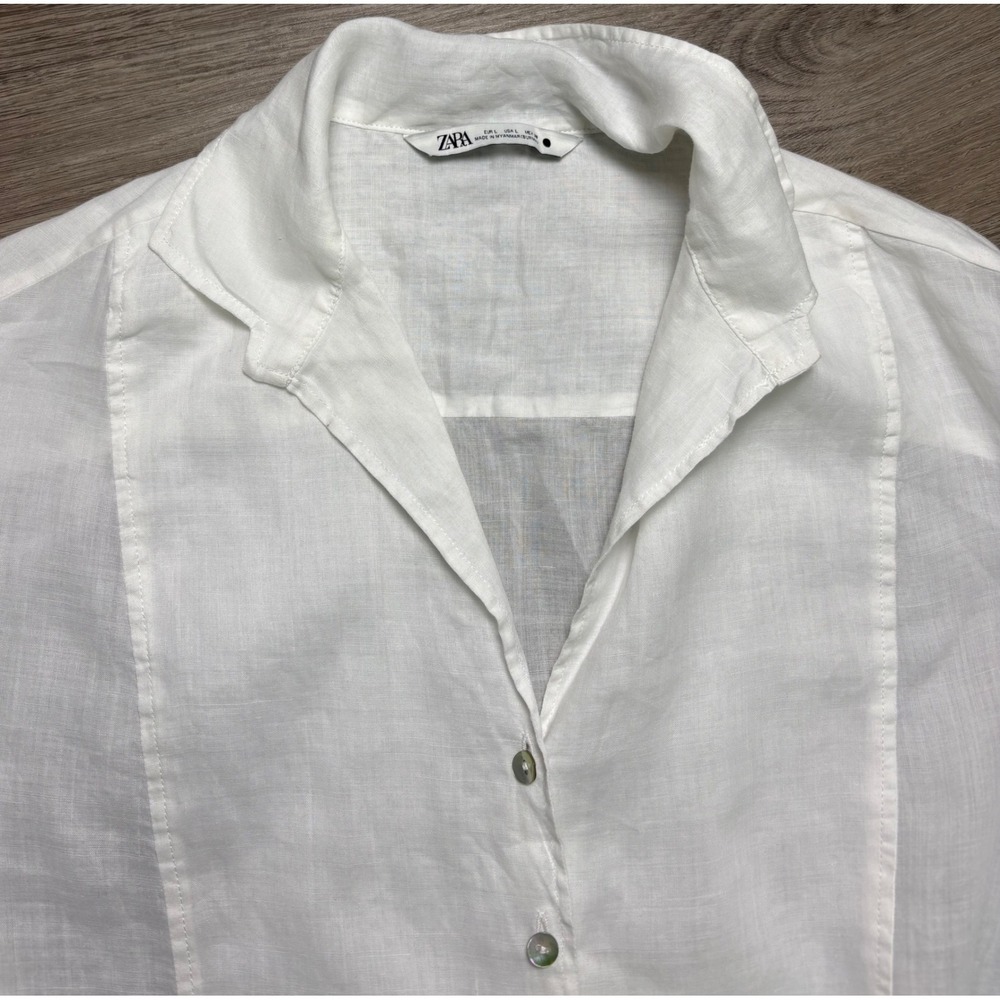 Zara White Ramie Tie Front Crop Blouse Ruffle Cuff Long Sleeve L Boho Feminine - Picture 6 of 13